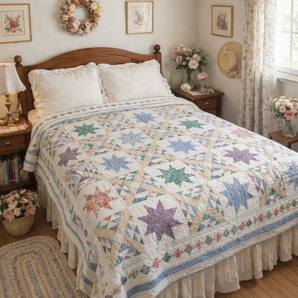 Arch Quilts 8 Point Star Patchwork Quilt Pastel Cottagecore Bedspread